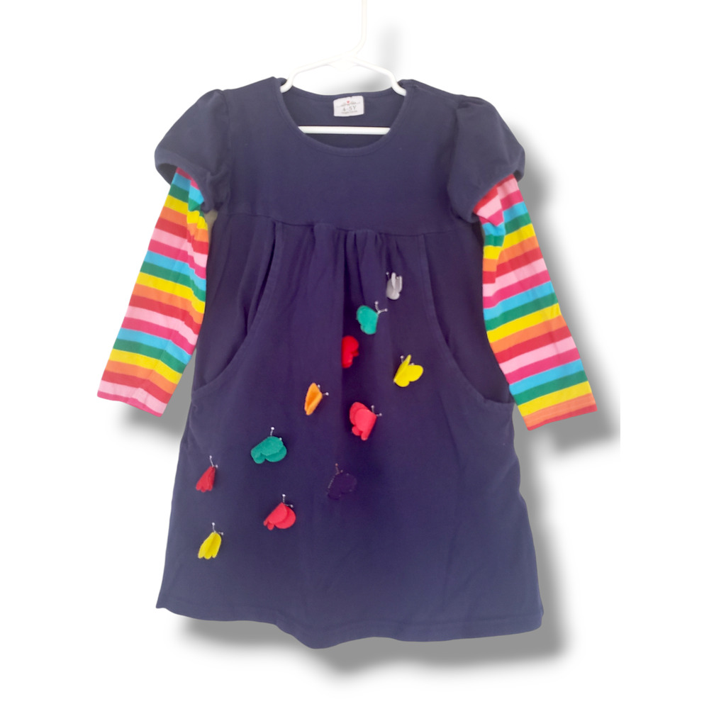 Girls 4-5 Navy Butterfly Rainbow Pocket Dress